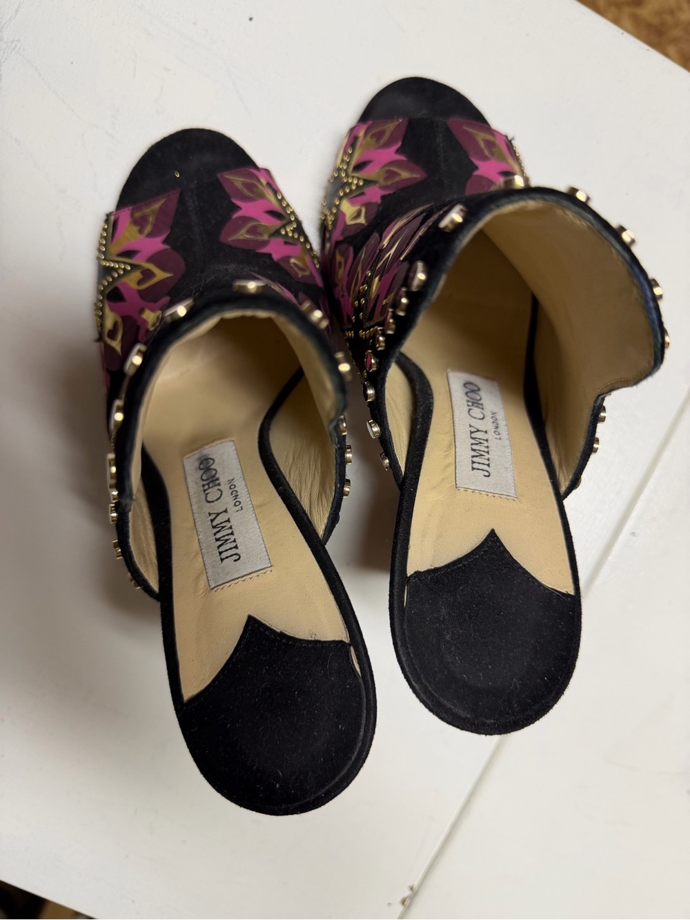 Jimmy Choo Black Mules with Pink & Gold Floral Embellishment - Picture 3 of 4